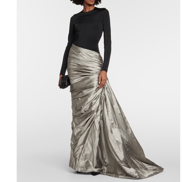 RASARIO: Designer Black and Silver draped silk-blend maxi gown - Picture 2 of 8